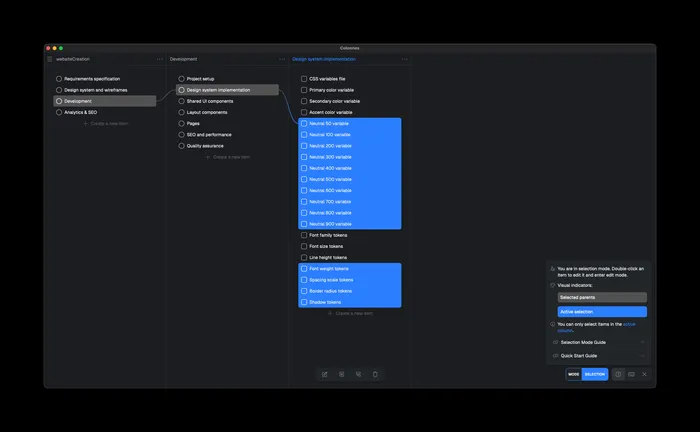 Colonnes selection mode - select and organize tasks