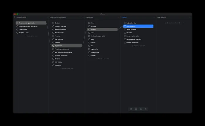 Colonnes task management interface with multiple columns